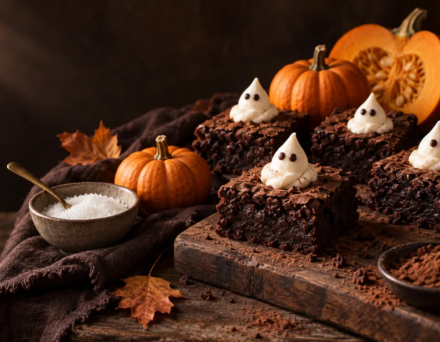 Suggestion de décoration : brownies avec petits fantômes blancs