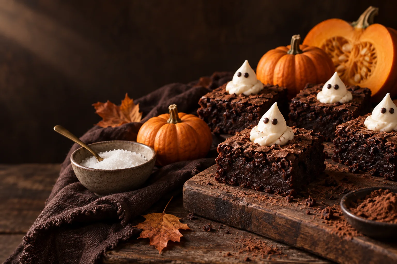 Inspiration Halloween : brownies chocolatés décorés de petits fantômes et citrouilles