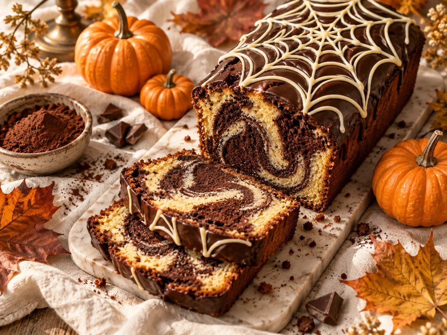 Inspiration de marbré chocolat-vanille décoré d’une toile, accompagné de citrouilles